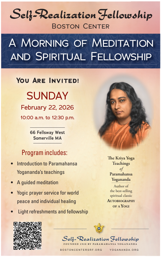 Front facing entrance of a white church building with triangular roof and black wrought iron fence in front. Sign that says Self-Realization Fellowship Boston Center Founded by Paramahansa Yogananda